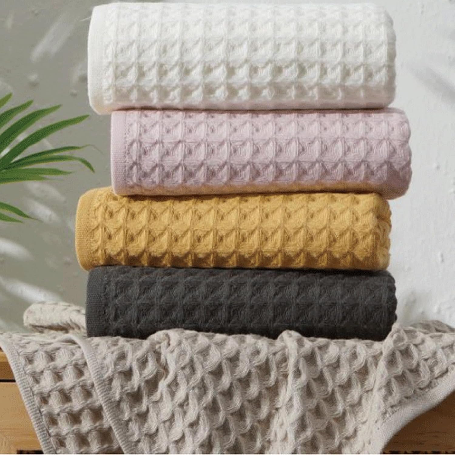 SK Studio 6 Piece Bath Towel Set, Cotton Hotel Large Waffle Towels Absorbent Quick Dry - 2 Bath, 2 Hand, 2 Washcloths for Spa Pink Bathroom - Image 5