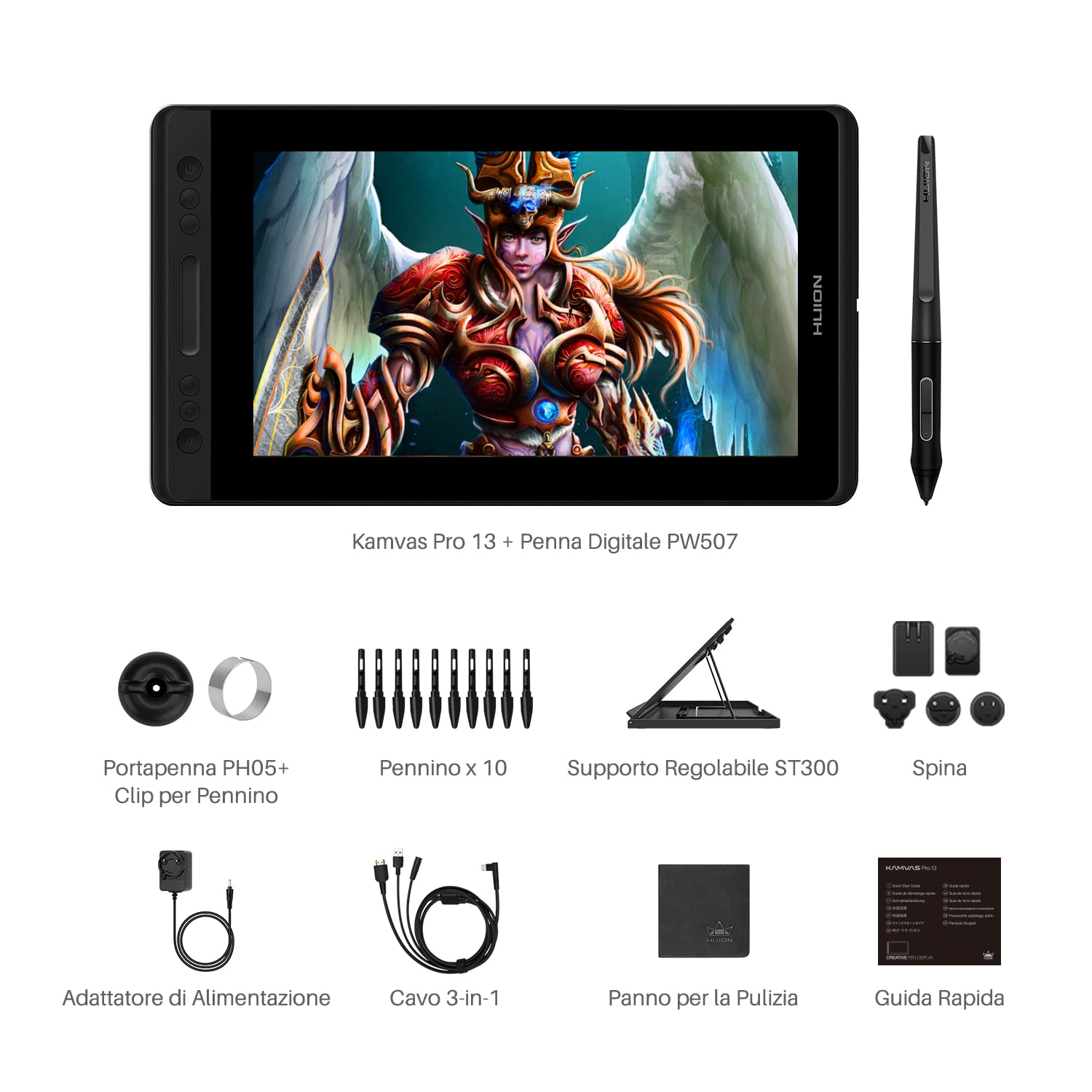 HUION Kamvas Pro 13 Tavoletta Grafica con Schermo Antiriflesso da 13,3 Pollici, Penna Senza Batteria (Inclinazione ±60 °), con Supporto Regolabile, per Apprendimento e Lavoro a Distanza