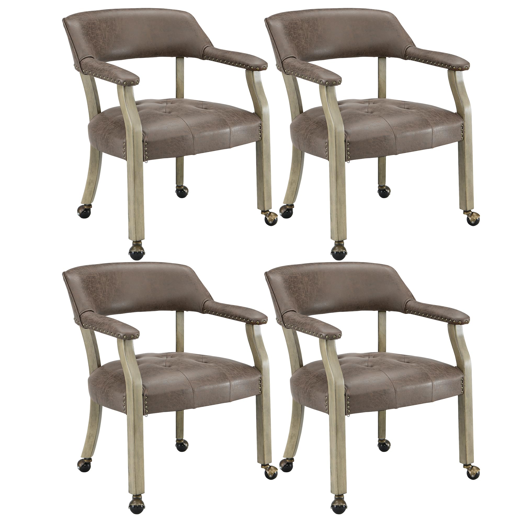LEEMTORIG Set of 4 Dining Chairs with Casters and Arms, Large Rolling Dining Chairs with Wheels, Poker Chairs, Solid Wood Boss Caption's Chairs Office