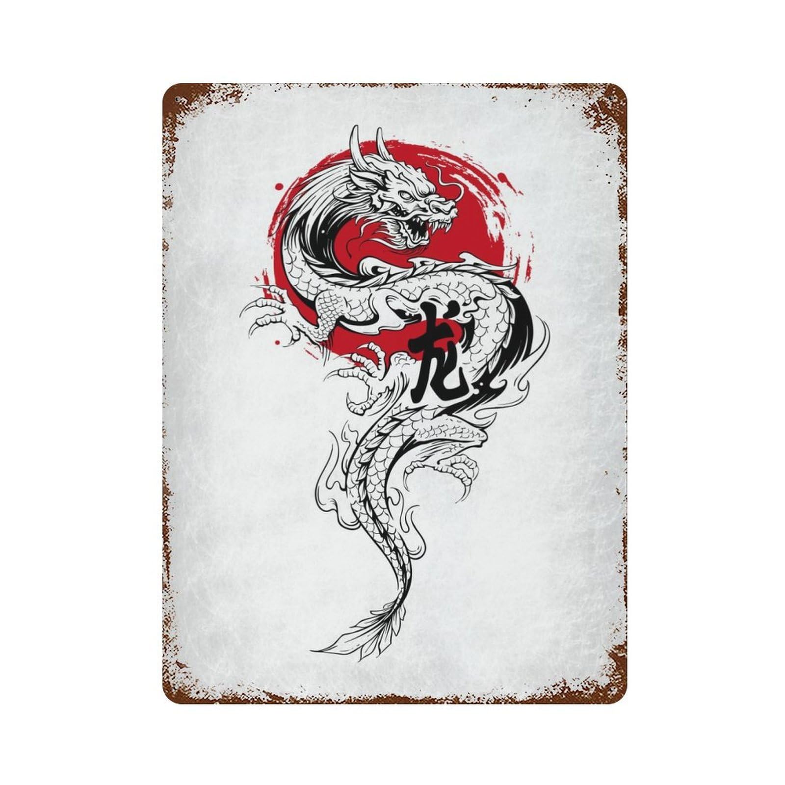 Rust Effect Dragon Japan Weathered Tin Sign 15.7"x11.8", Retro Wall Decor for Garage, Bar And Workshop Decor