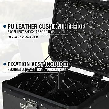 45L Motorcycle Top Box, Aluminium All Motorbike Top Case with Security Lock, Universal Motorbike Trunk with Removable Liner, Waterproof Luggage Box for Storage Helmet and Tools,Black
