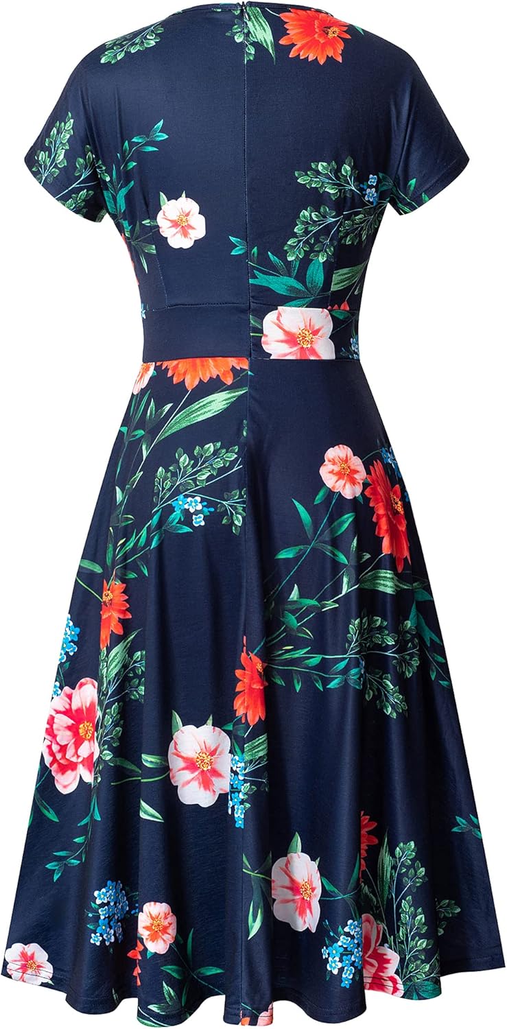 HOMEYEE Women's Short Sleeve Floral Casual Aline Midi Dress A102 (4,Dark Blue/Red Flower) - Image 4