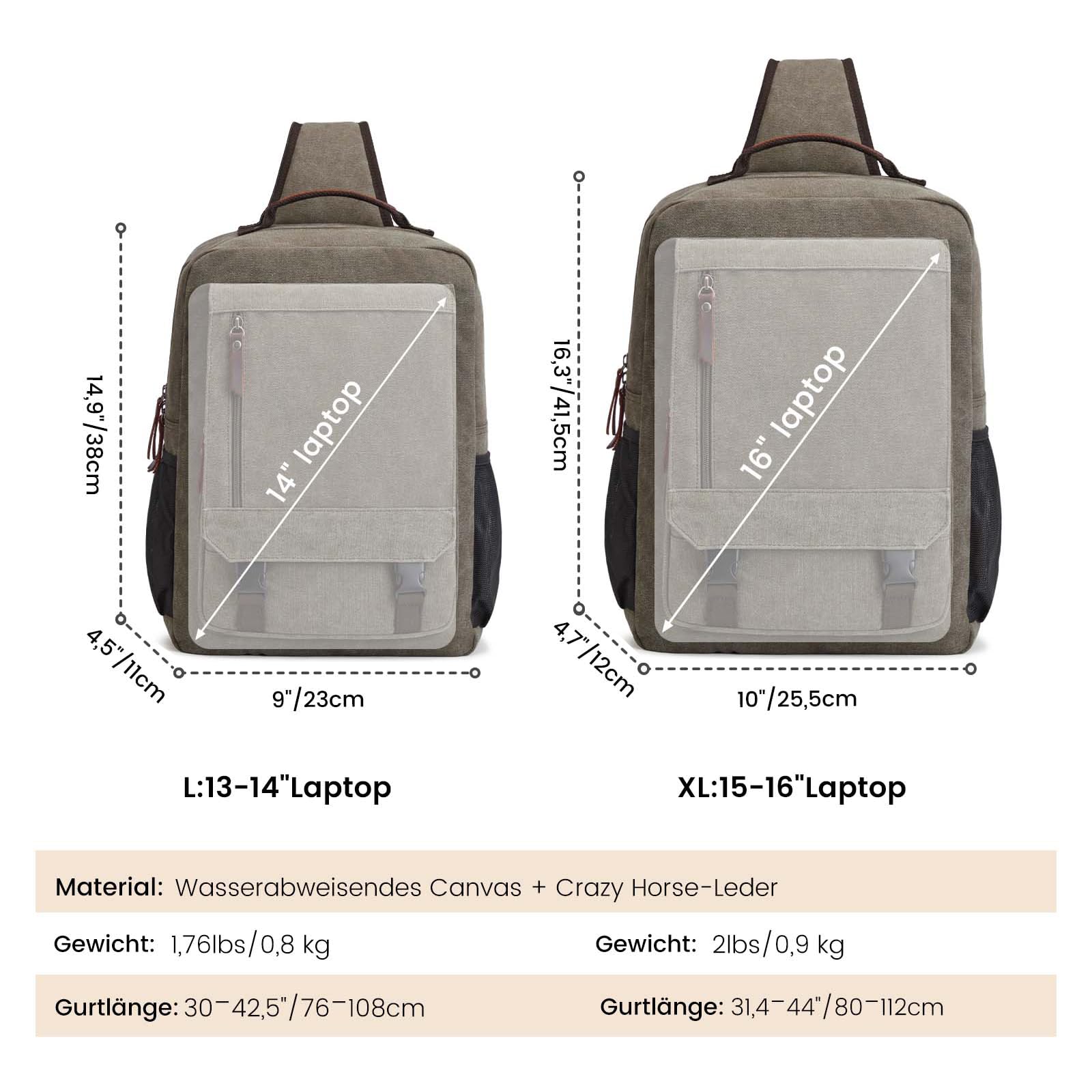 S-ZONE Herren 13-16 Inch Canvas Wasserdicht Laptop Rucksack Crossbody Sling Brusttasche Umhängetasche Lässiger Tagesrucksack