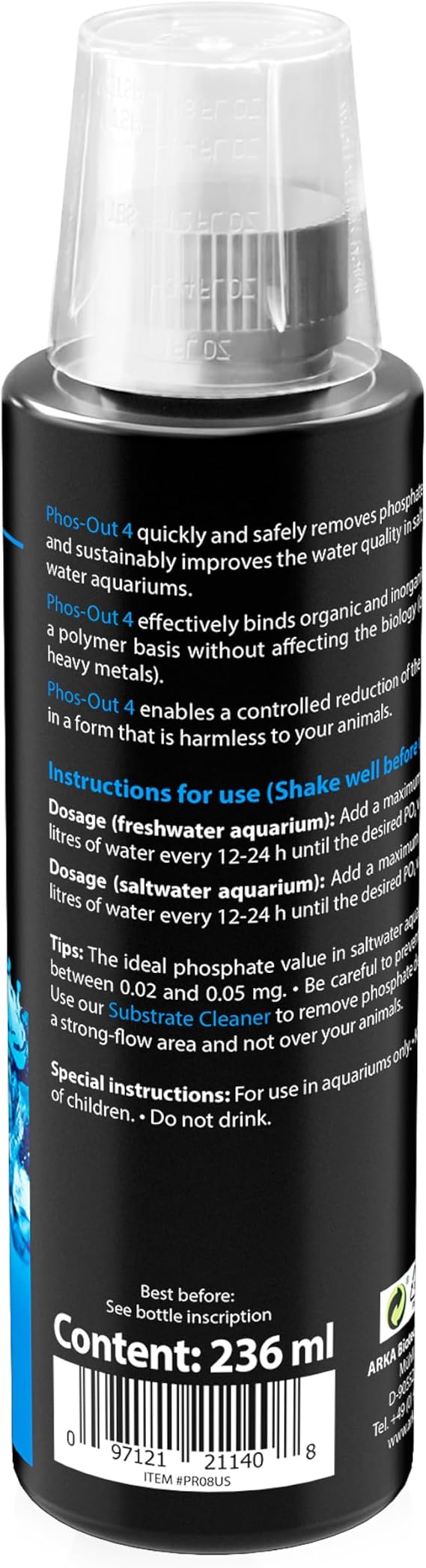 Phosphate Remover Aquarium 236 ml - Phos-Out 4 Lowers PO4 Fast | liquid phosphate remover, lanthanum-free, lowers phosphate fast, against algae, stable water values, freshwater, saltwater