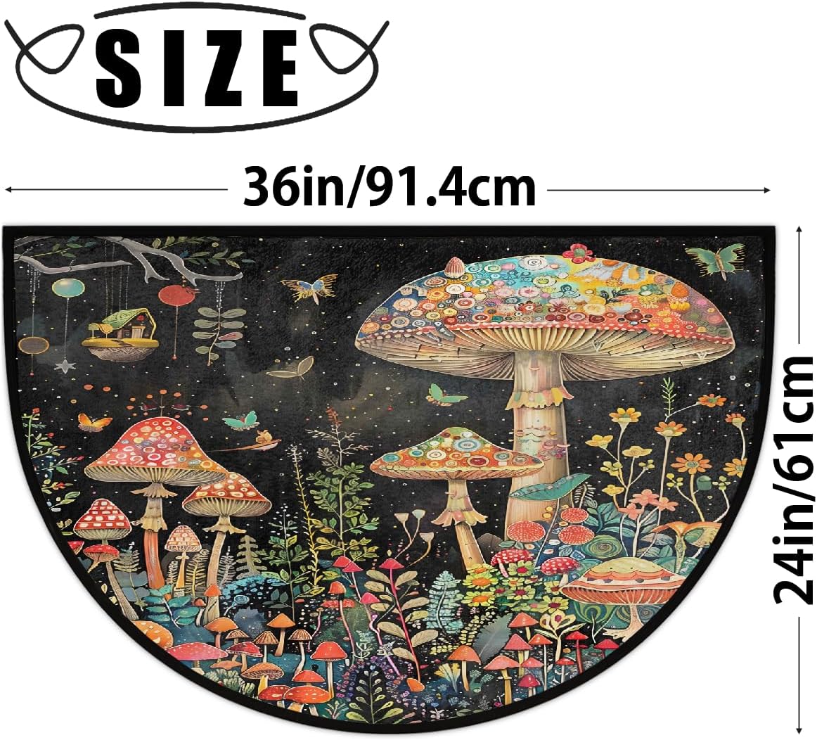 Half Round Door Mat Colorful Abstract Mushroom Half Moon Rug Washable Half Circle Area Rugs Indoor Entrance Non Slip Semi Circle Bathroom Rugs Floor Carpet for Kithen Bedroom Fireplace Decor