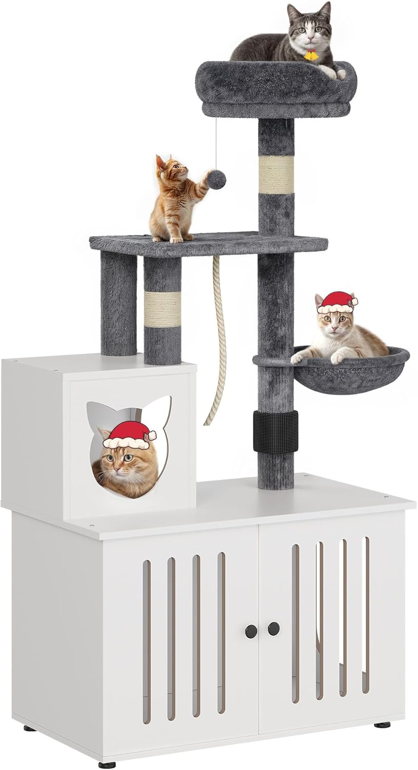 YITAHOME Cat Tree with Litter Box Enclosure, 2-in-1 Cat Furniture, Modern Cat Condo, Indoor Cat Tower with Wood House, Perch, Food Station, Hammocks, Scratch Post, Hair Brush, 59 Inch, White