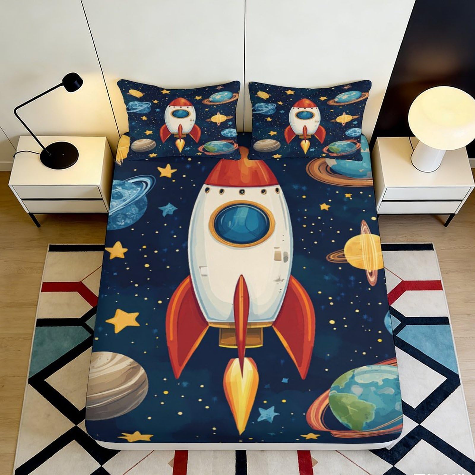 3D Printed Rocket Space Fitted Sheet Microfiber Soft Breathable Planet Mattress Cover for Bedroom Dorm Mattress Decor 90x200x25cm