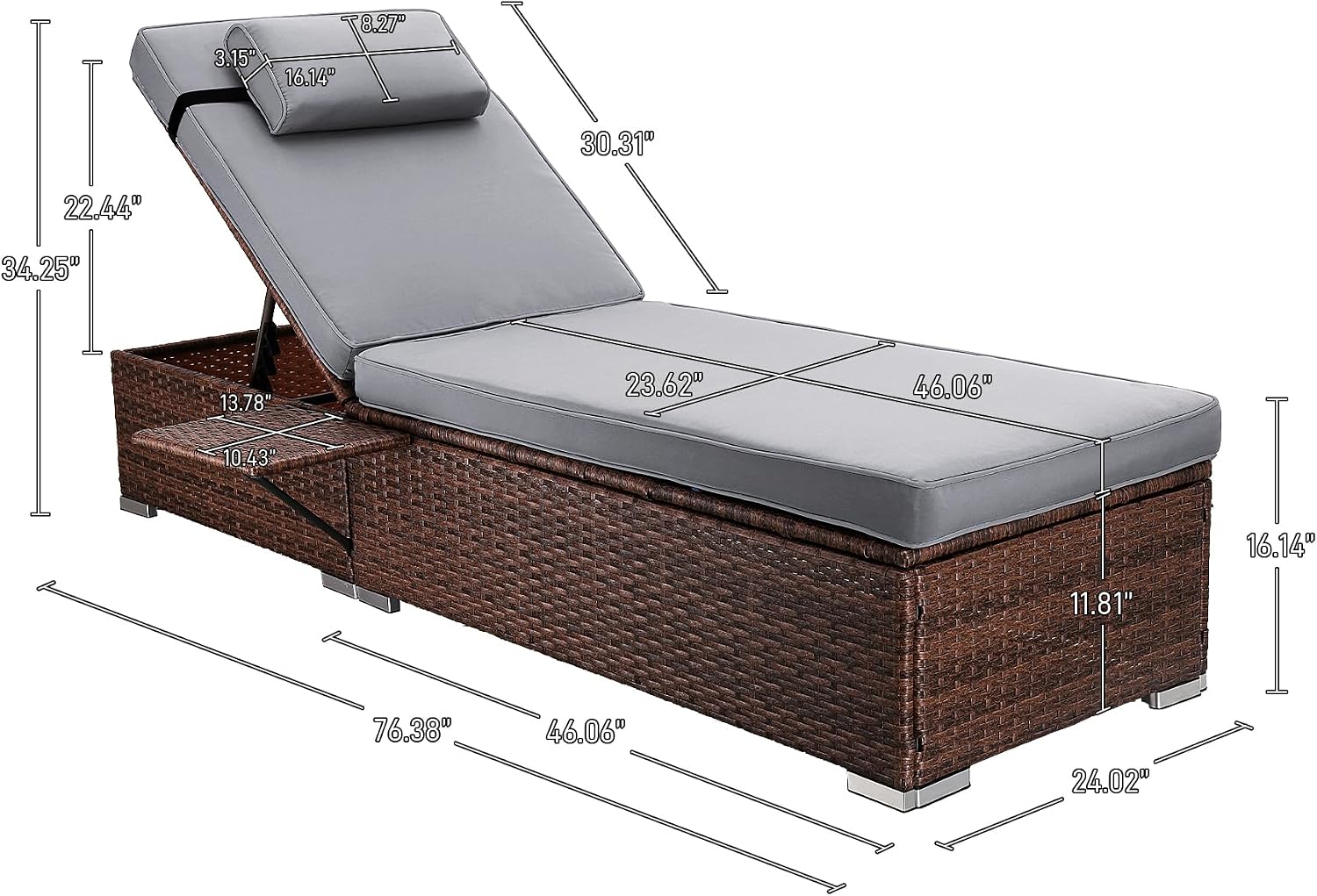 Rophefx Outdoor PE Wicker Patio Lounge Chairs Set of 2, Outside Rattan Pool Lounge Chair with Cup Holder & Adjustable Backrest, Brown Rattan Recliners for Poolside Deck Beach Yard (Grey Cushions)