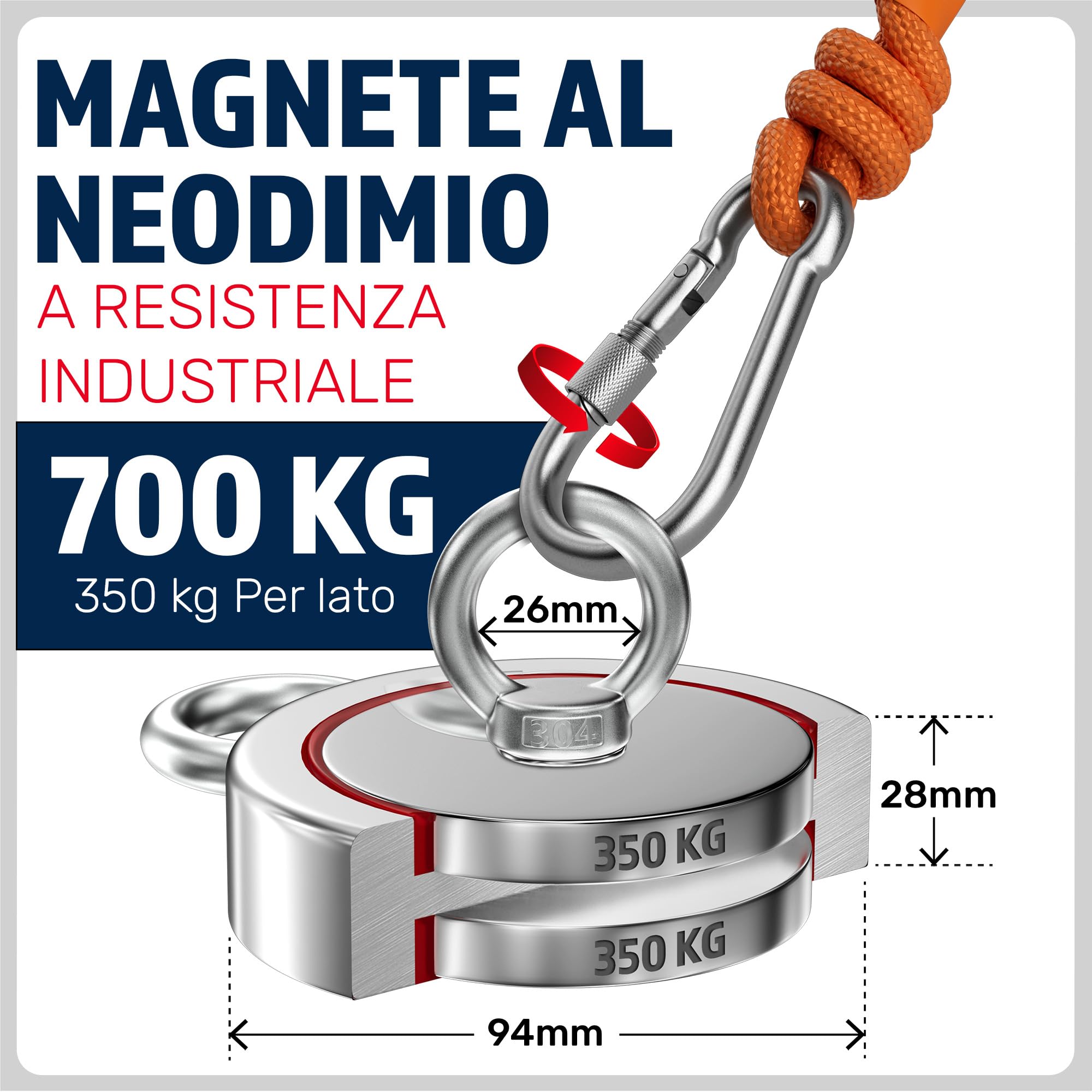 MAGFISHION - Set di Magneti da Pesca - Neodimio - 2x350kg - Ø94mm - Rotondo - Corda 20m & Guanti