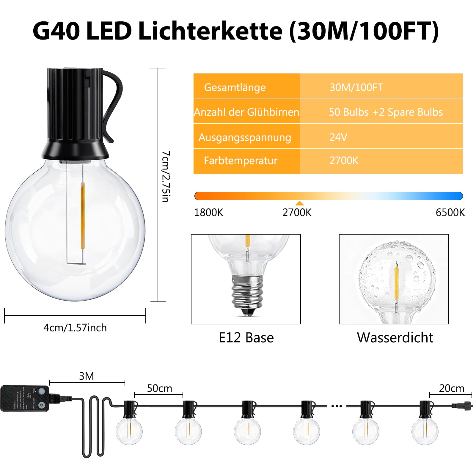 Cadena de luces LED para exteriores, 30 m, regulable, con sensor de luz, temporizador, 50 + 2 bombillas G40, de plástico, resistente al agua, para jardín, terraza, bodas, fiestas