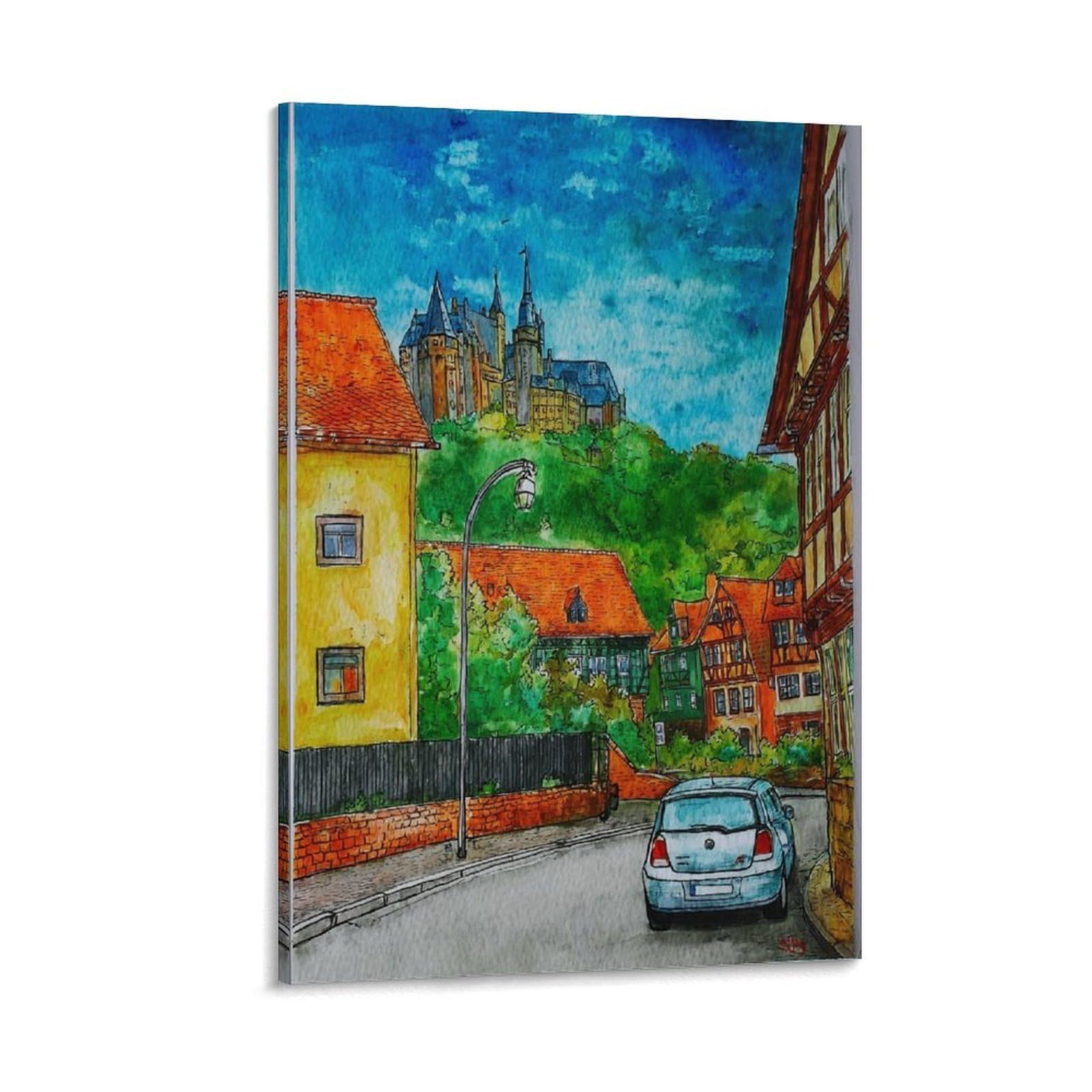 Lcynnh Frame-Style Wernigerode Germany 24X36inch(60X90cm) Vintage Travel Poster Watercolor Canvas Art