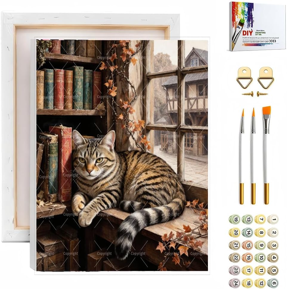 Sceorixa Cat Paint By Numbers Kit for Adults - DIY Tabby Cat On Books By Rustic Window Painting On Canvas, Acrylic Paint Set, Suitable for Beginners, Living Room Wall Decor(16X20IN Framed)