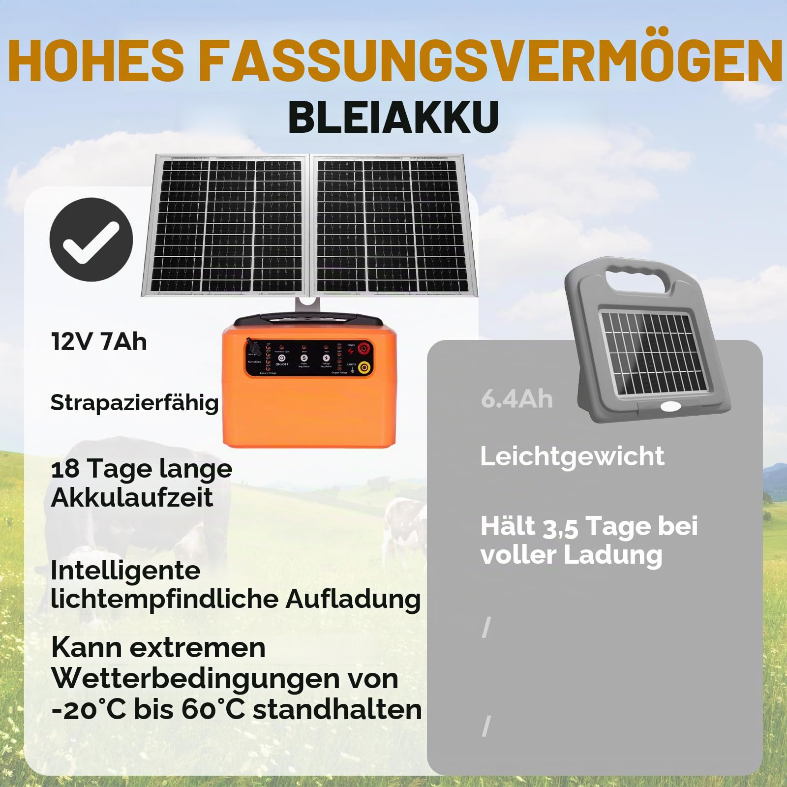 Weidezaungerät Solar 12V, Elektrozaungerät 0.3-1.5J, 6KV-12KV | bis 48KM Reichweite, inkl. 15W Solarpanel & 12V 7Ah Akku, für Rinder, Pferde, Schafe, Hunde & Geflügel