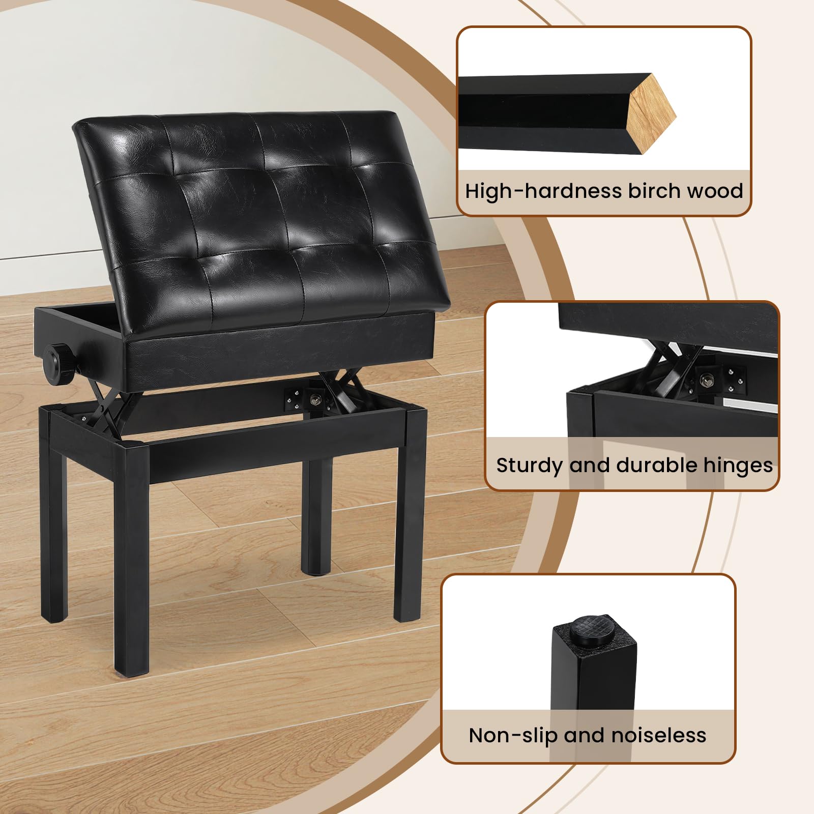 Clevich Klavierhocker Höhenverstellbar 48-58CM, Pianobank mit Stauraum 57.5 * 35.5 * 48cm, Klavierbank mit PU Lederkissen, Klavierstuhl Heavy Duty, Tastatur Piano Bench bis 150KG Belastbar, Schwarz