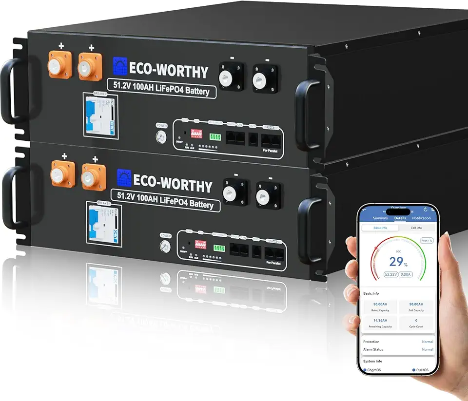 ECO-WORTHY 48V 200Ah LiFePO4 Lithium Battery (2 Pack 48V 100AH) w/Bluetooth | UL1973 & UL9540A &...