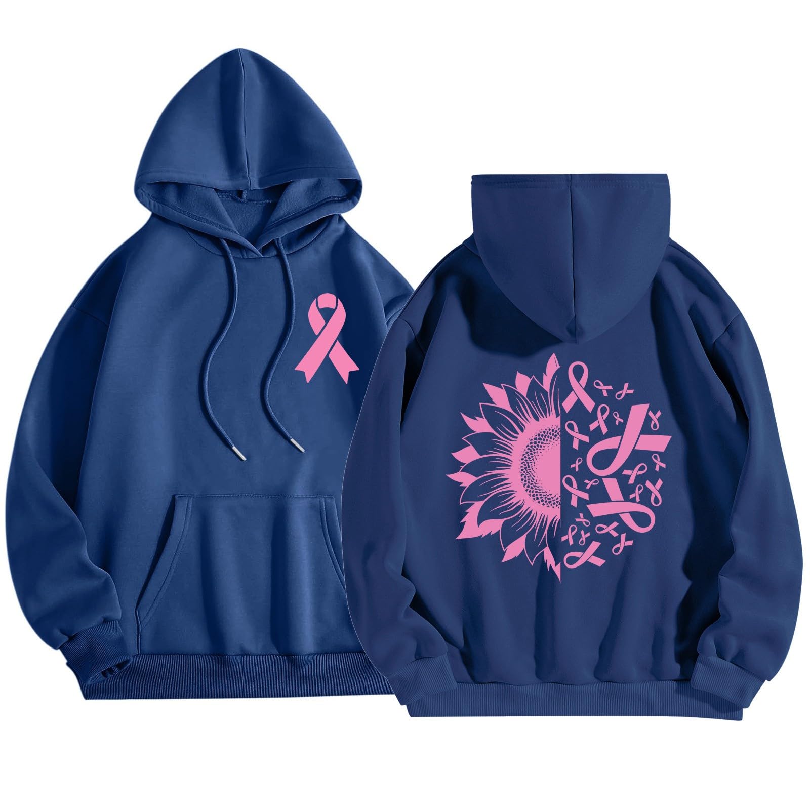 Sweat à Capuche Ruban Rose Femme Ample Imprimé Bleu S Pull Décontracté - 6