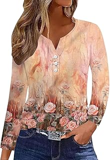 SHAOBGE Long Sleeve Shirts for Women 2024 Trendy Loose Fit Casual Henley Neck Womens Fall Tops Long Sleeve Tunic Print Tops