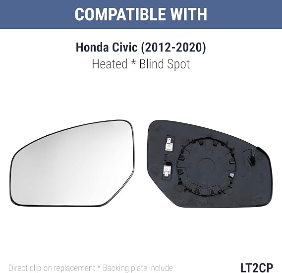 Heated Wing Mirror Glass Right Driver Side for Honda Civic 2012–2020 Clip-On Replacement with Backing Plate