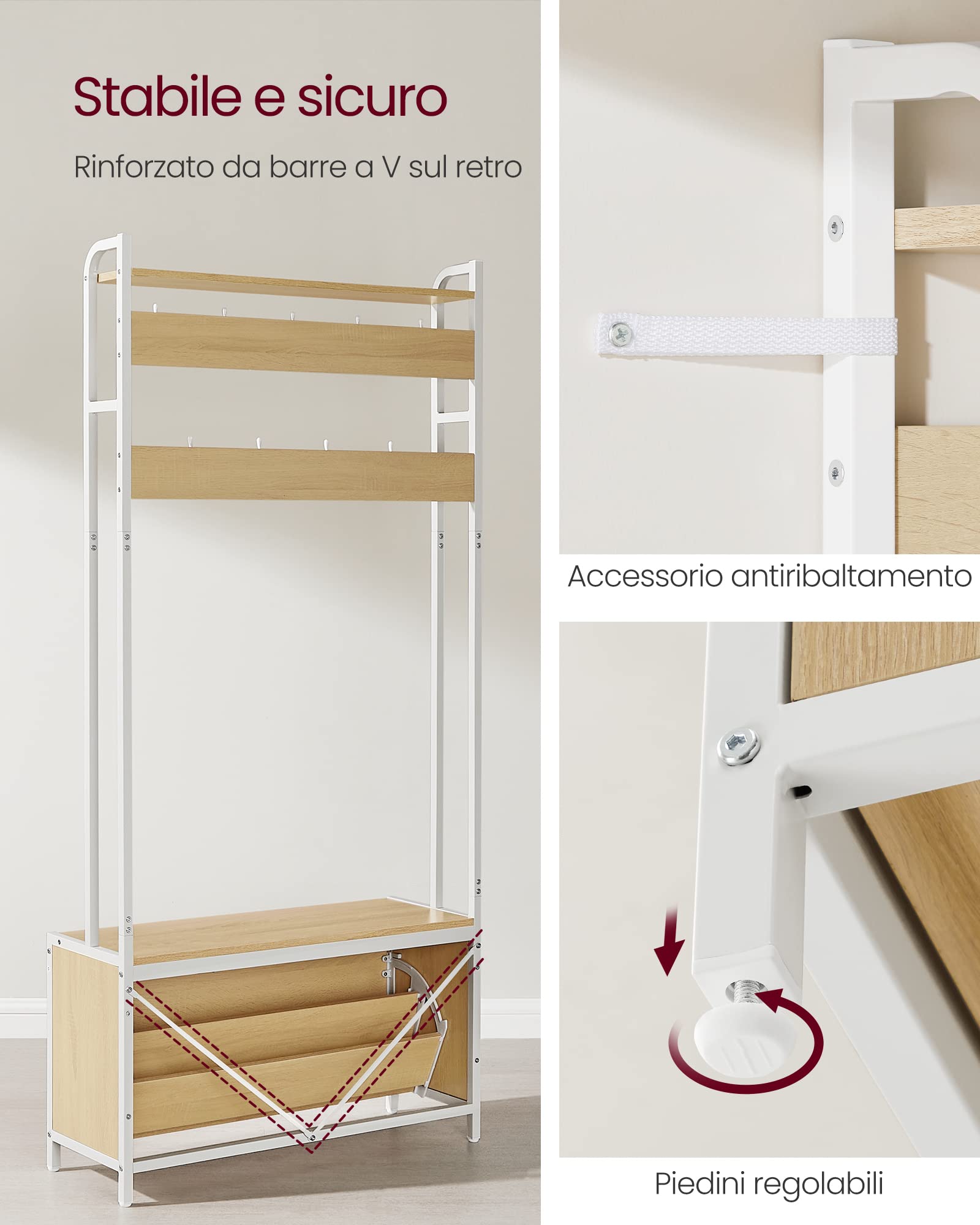 VASAGLE Appendiabiti con Scarpiera a Ribalta, Mobile da Ingresso, con Panca, 9 Ganci e Mensola Superiore, per Corridoio Camera da Letto, Stile Moderno, Rovere e Bianco HSR405W09