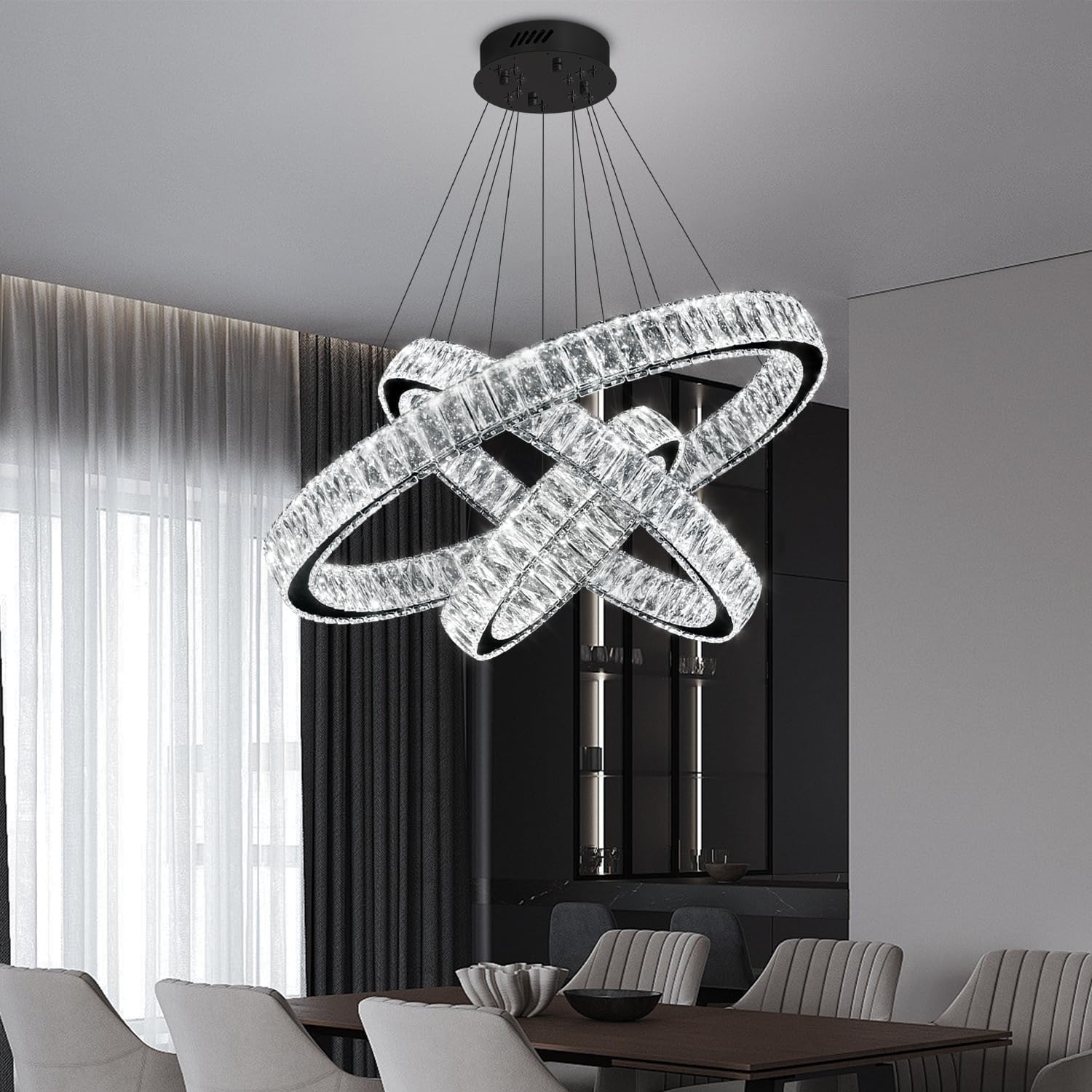 Modern 3 Rings Crystal Chandelier,Black Led Dimmable Chandelier for Dining Room Height Adjustable Pendant Light 32"+24"+16"