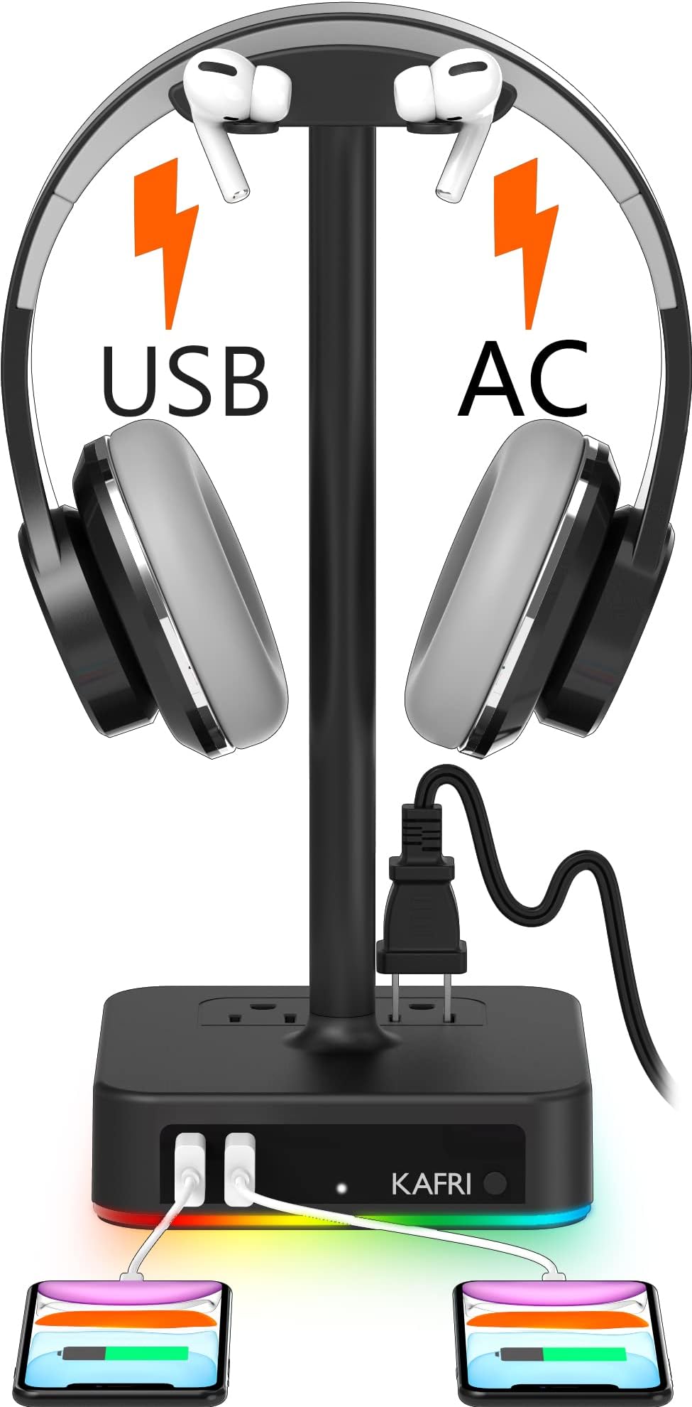 KAFRI RGB Headphone Stand with USB Charger Desk Gaming Headset Holder Hanger Rack with 2 USB Charging Ports and 2 Outlet - Suitable for Gamer Desktop Table Game Earphone Accessories Boyfriend Gift