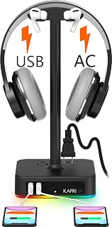 KAFRI RGB Headphone Stand with USB Charger Desk Gaming Headset Holder Hanger Rack with 2 USB Charging Ports and 2 Outlet - Suitable for Gamer Desktop Table Game Earphone Accessories Boyfriend Gift