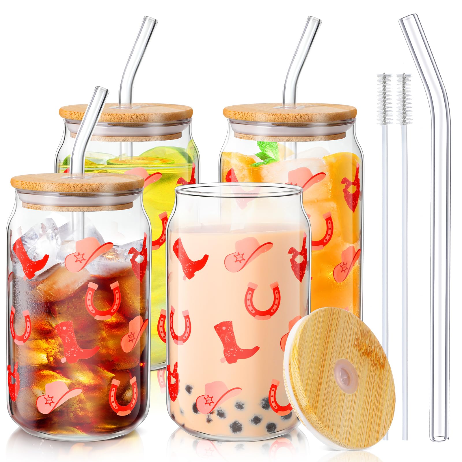 Yaomiao 4 Sets Glass Cups with Bamboo Lids and Straws, 16 oz Drinking Beer Can Iced Coffee Cup with Lid Straw and Cleaning Brush Reusable Tumbler