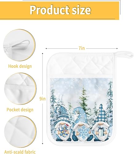 Miniatura 3 de Juego de 2 agarraderas azules de Navidad para cocina, antideslizantes y aislantes de calor, juego de agarraderas de tela de toalla con bolsillo,