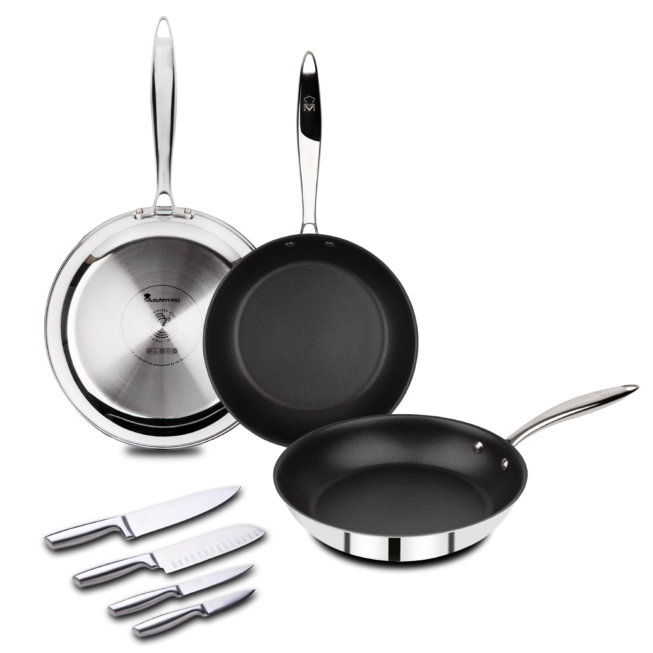 MasterPro Argent 3 - Set di pentole e coltelli - Tre pentole in acciaio inox per impieghi gravosi da 28, 24 e 20 cm - Set di 4 coltelli in acciaio inox, finitura opaca e impugnatura sicura