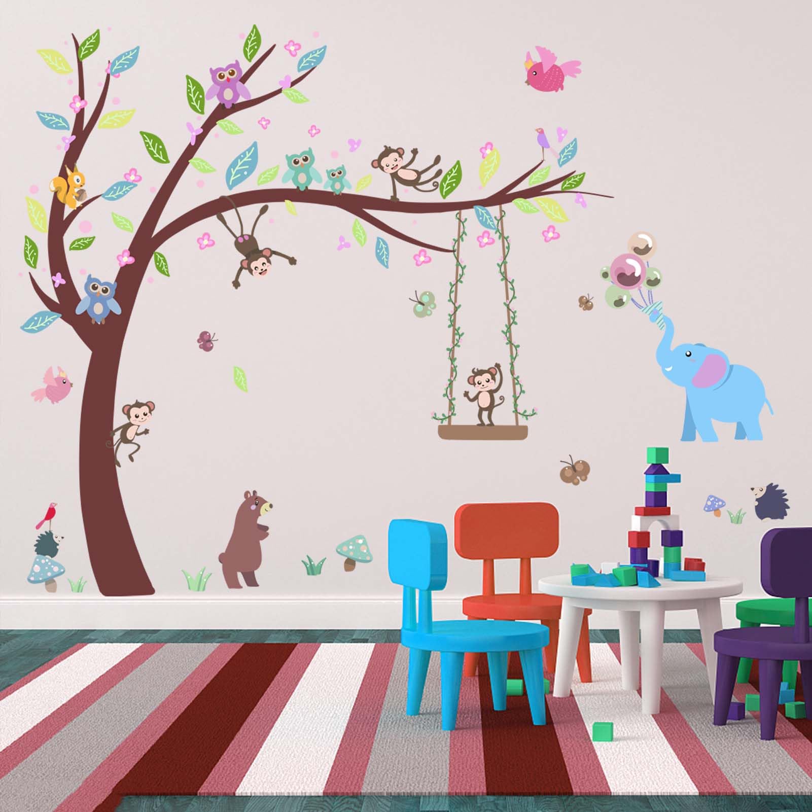 PinkEleph Forest Animals Baby Wall Stickers, Elephant Monkey Owl Bear Wall Decals