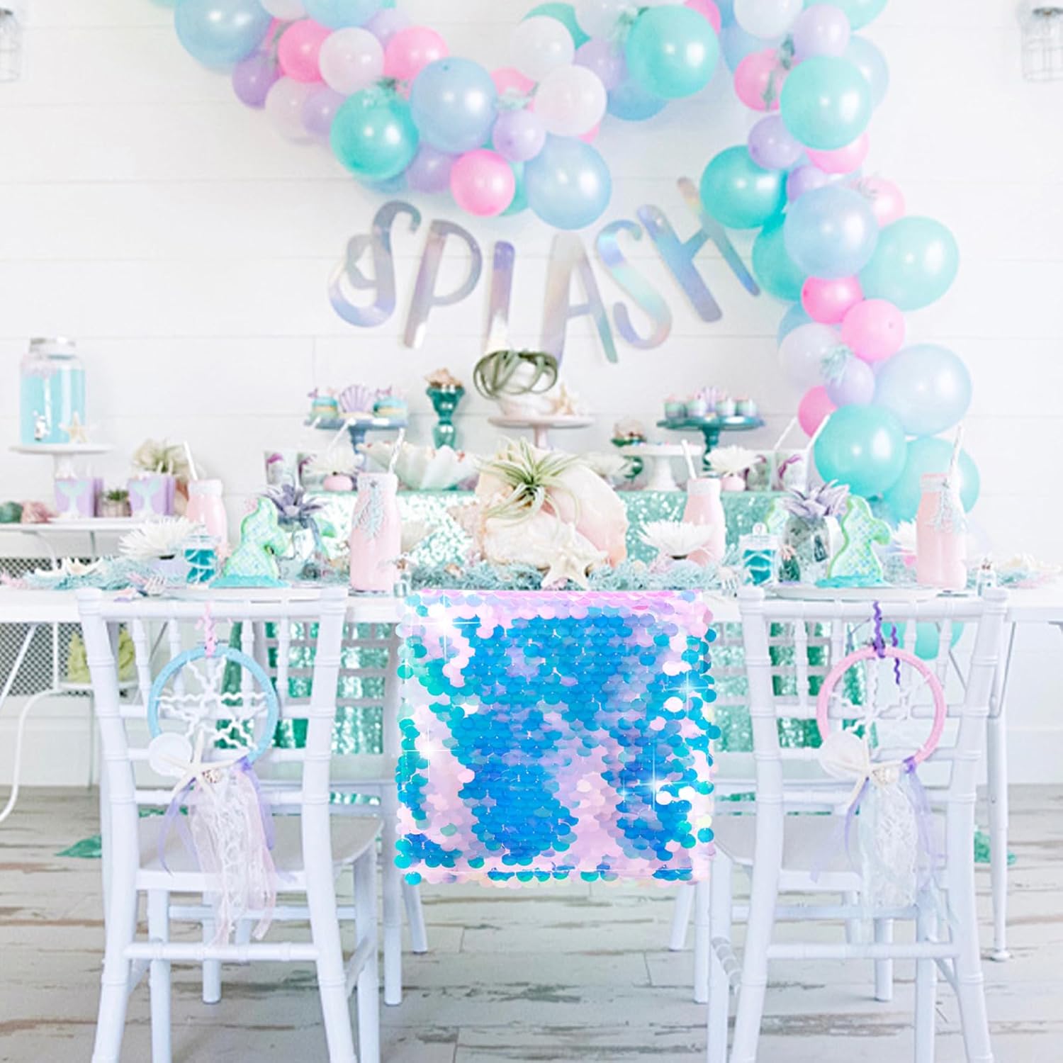 6 Pack Mermaid Party Table Runner 12 x 84 Inches Mermaid Tail Scales Sequin Table Runner Glitter Holographic Table Cover for Birthday Party Ocean Decorations