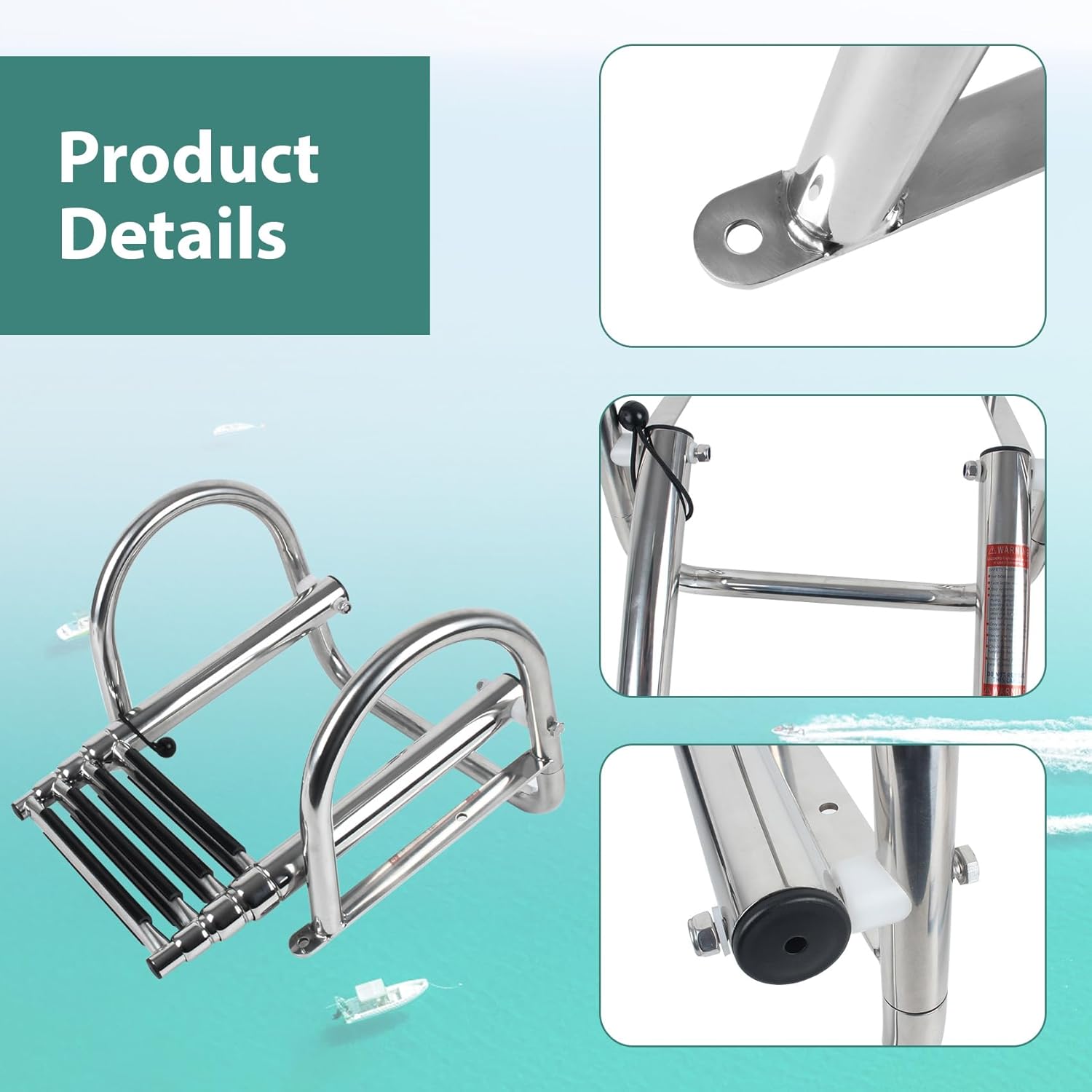 4 Step Boat Ladder, Stainless Steel Pontoon Ladder Heavy Duty with Pedal Hand Railing, Telescoping Boat Ladder Folding for Boat Yacht Dock Swimming Pool