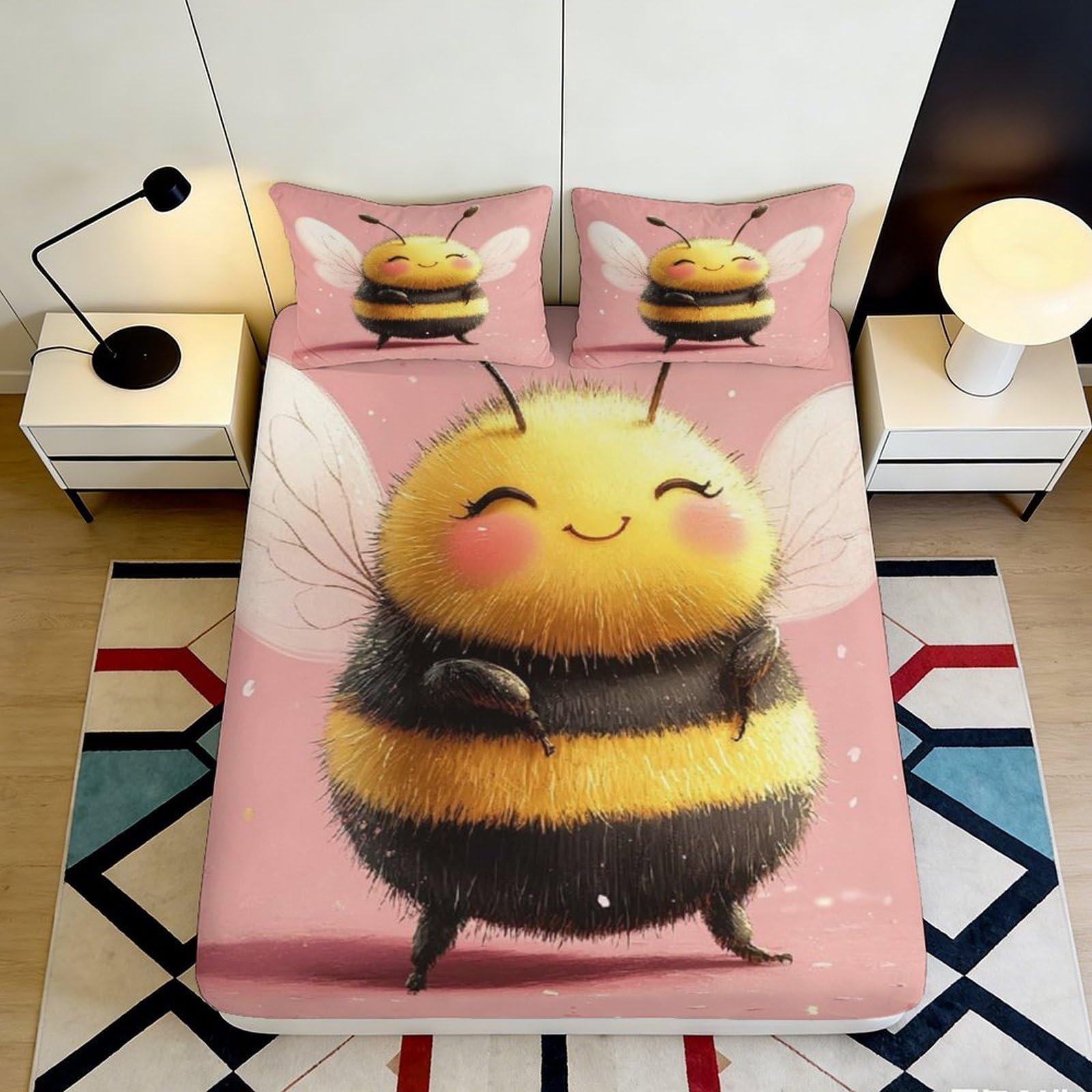 Jqzkxnhpbr Style-1 3D Printed Cute Bee Fitted Sheet Microfiber Soft Pink Cartoon Mattress Cover For Bedroom Guest Room Decor Protection 90X200x25cm