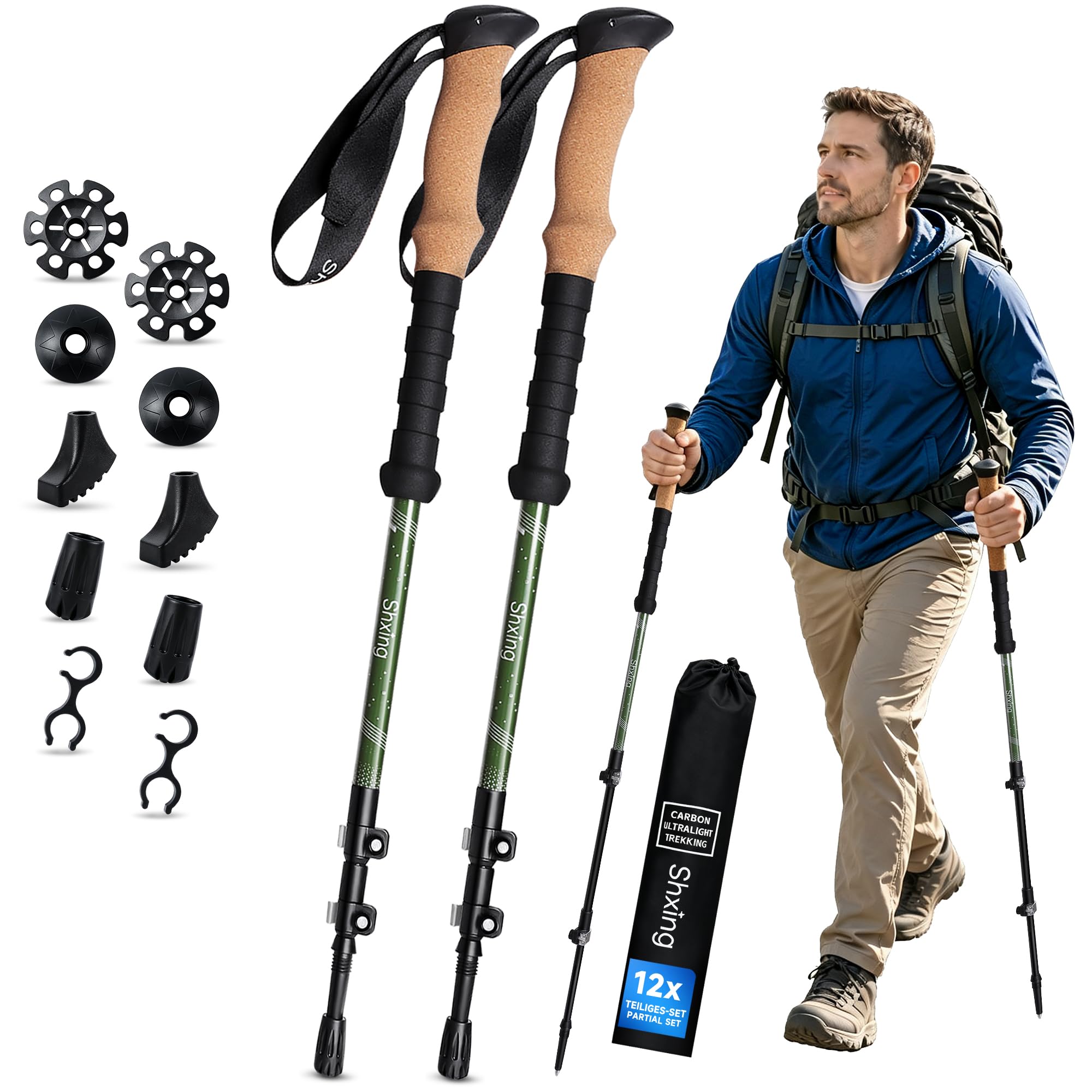 Teleskop-Wanderstöcke Carbon 2er Set, 200 g pro Stock, Olivgrün | 62–135 cm verstellbar, Korkgriff mit EVA, Alu-Verschluss, Tasche & Zubehör, ideal für Waldwege