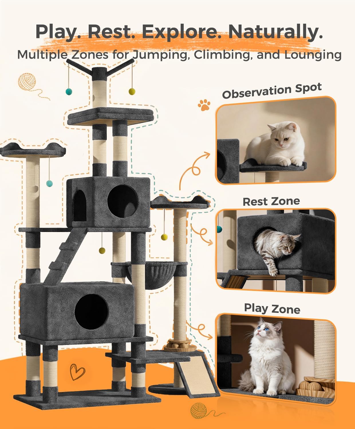 Catlike【Rock-Solid Real Wood】 76" Tall Cat Tree Tower for Indoor Cats Large Adult, Heavy Duty Multi-Level Large Cat Tree with Sisal Scratching Posts, Perches, Cat Condos, Hammock Baskets Cat Tower