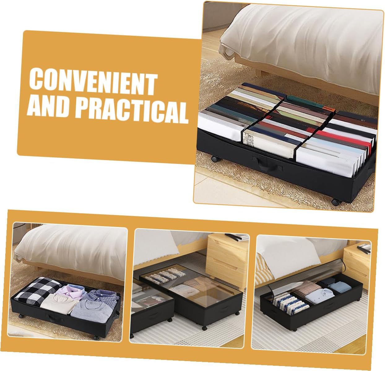 Bed Storage Box with Wheels 3-compartment Large Capacity Oxford Cloth Zippered Clothes Organizer Dustproof Rolling Storage Case for Bedroom Clothing