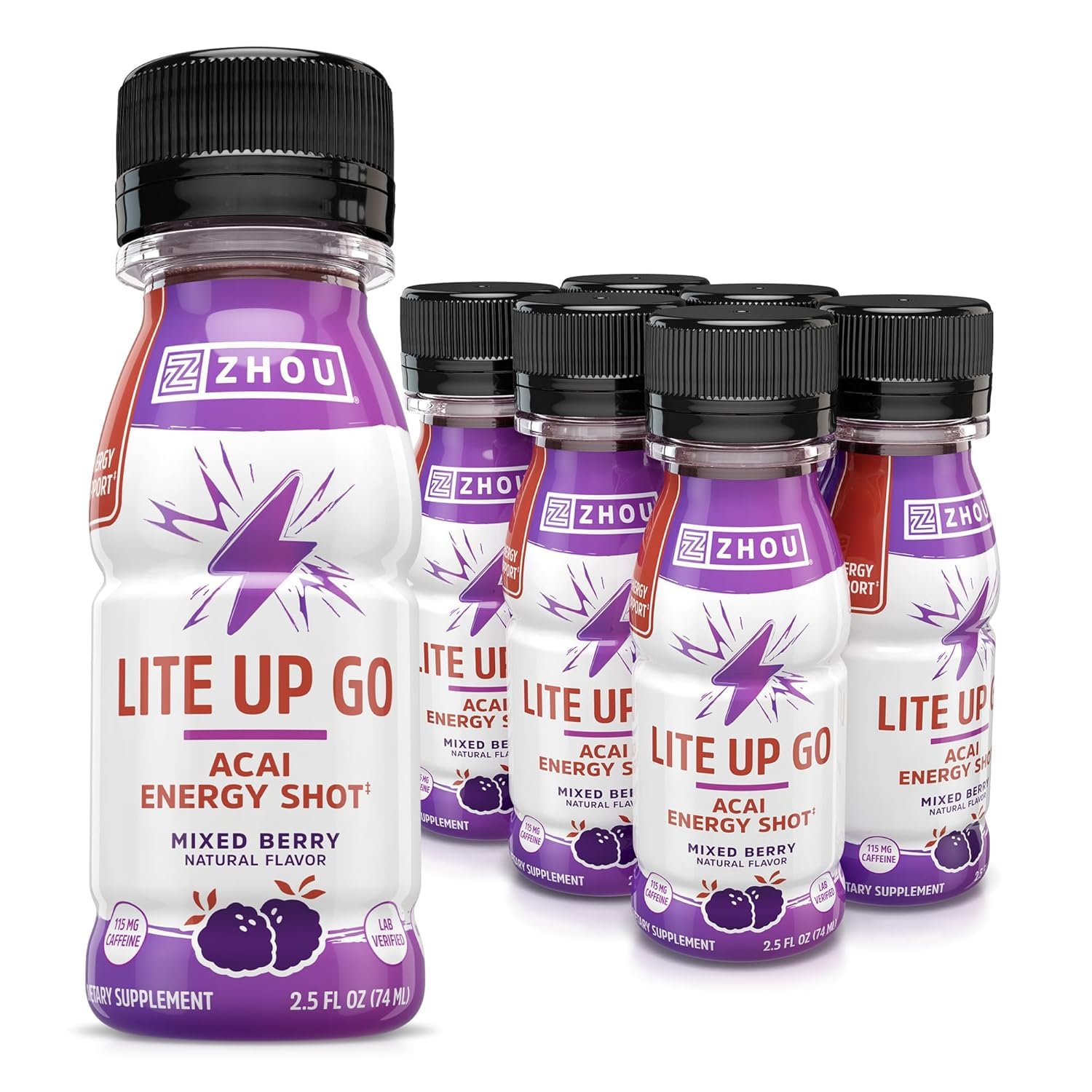Zhou Lite Up Go Juice - 2.5 fl oz, Pack of 6, Natural Mixed Berry Flavor