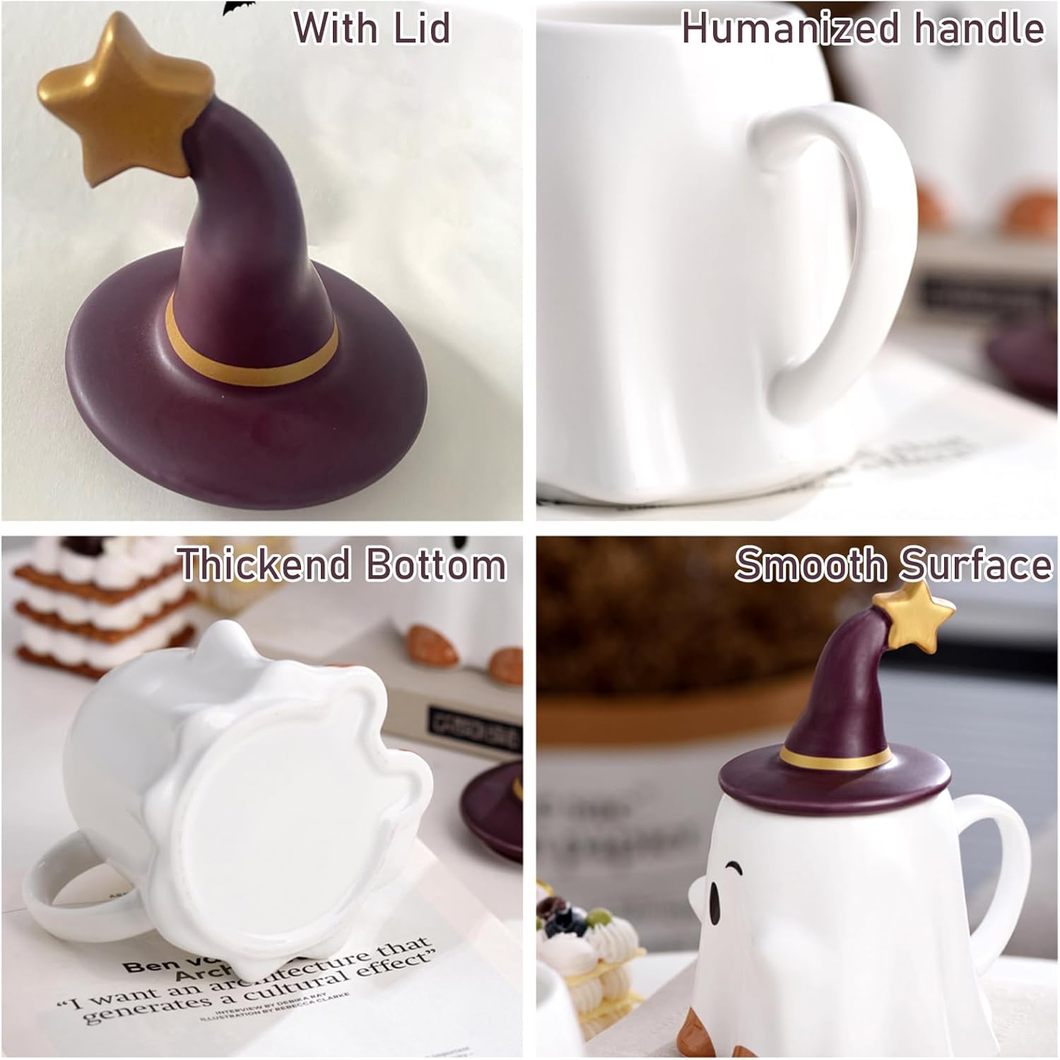 J.Ehonace Spooky Ghost Ceramic Coffee Mug 16oz – Adorable Halloween Design with Witch Hat & Stars – Microwave/Dishwasher Safe – Festive Home Decor & Holiday Coffee Cup - Image 3
