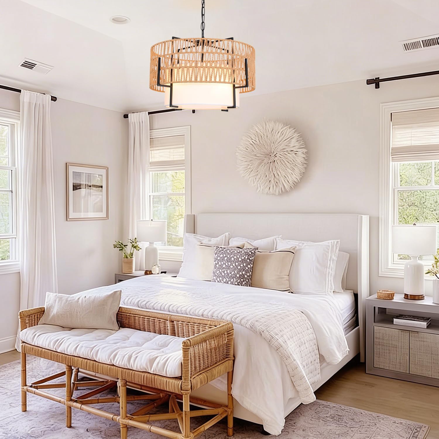 SOTTAE 4-Light Rattan Boho Chandeliers, 19.7" Bohemia Pendant Light with Fabric Shade, Hand-Woven Farmhouse Ceiling Light Fixture Chandelier for Dining Room, Living Room, Kitchen Island, Hallway