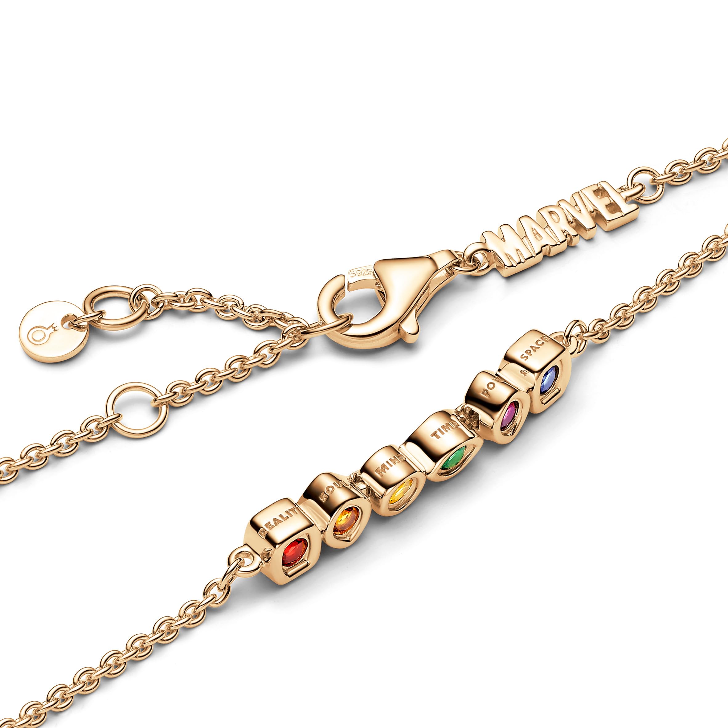 Pandora Marvel Armband, 14-karätig vergoldet, mit rotem, orangem, gelbem, grünem, lila und blauem Kristall