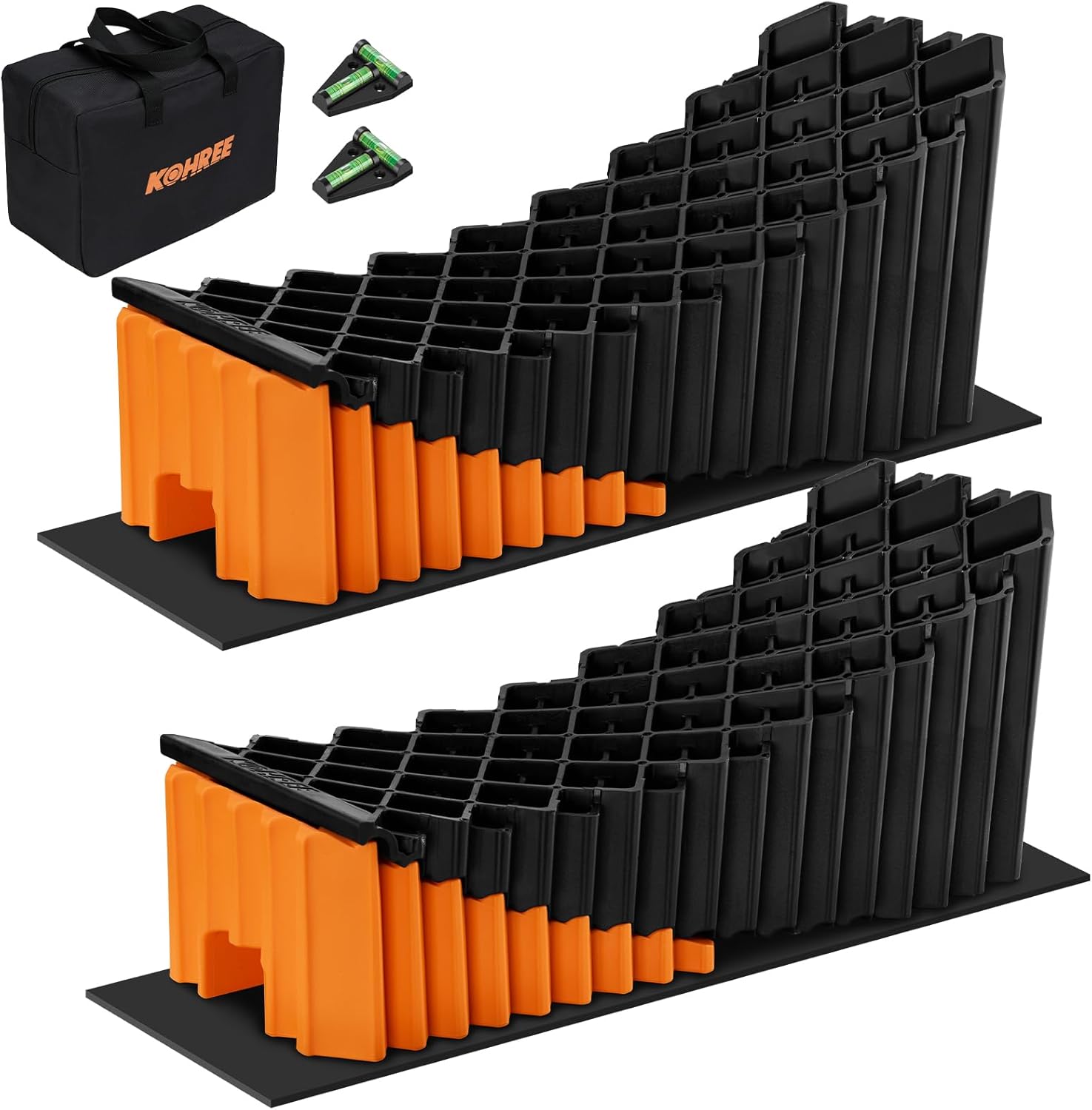 Kohree RV Leveling Blocks, Levels Up to 5", Supports Up to 50,000 lbs, Curved Camper Levelers with Wheel Chocks, Rubber Mats & Carry Bag for Travel Trailers & Fifth Wheels, Orange