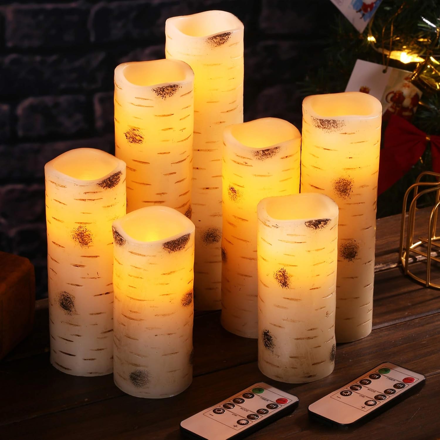Flameless Candles Battery Operated Candles Birch Bark Effect Set of 7 Ivory Real Wax Pillar LED Candles with 10-Key Remote Control and Cycling 24 Hours Timer