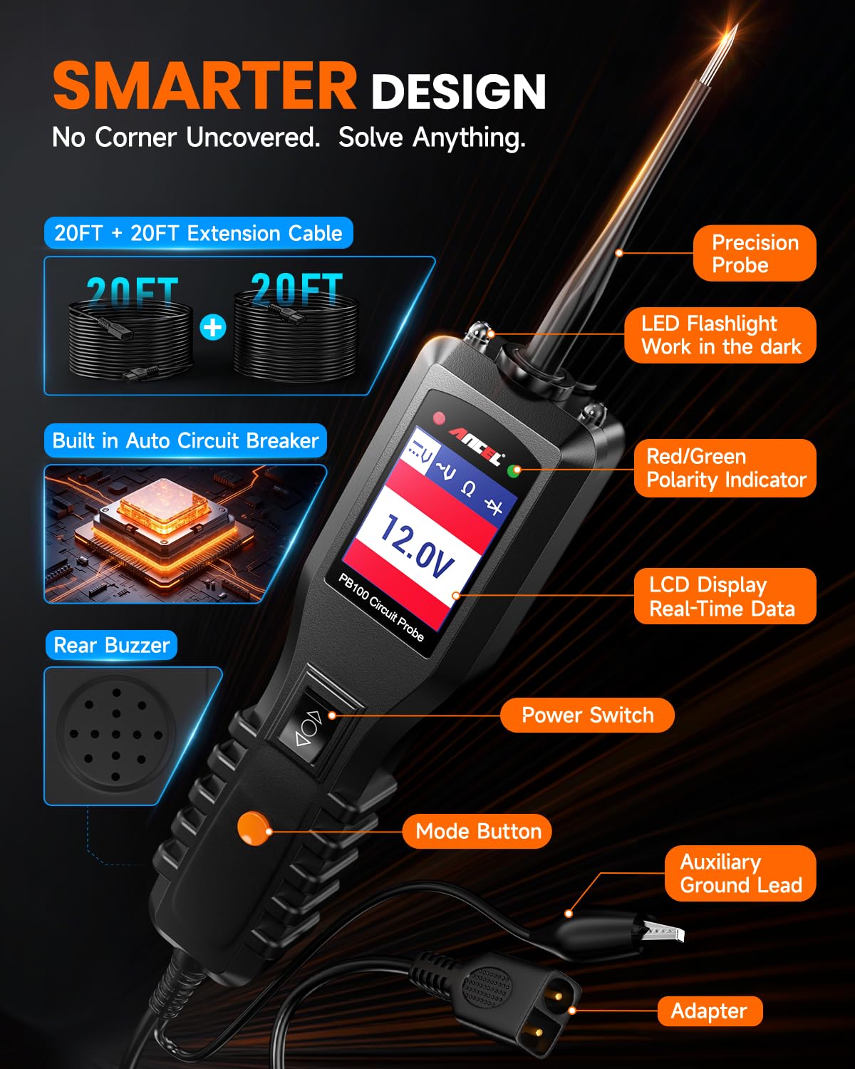 ANCEL PB100 Automotive Power Circuit Probe, 12-24 VDC Car Electrical Diagnostic Tool, AC/DC Voltage Current Resistance Short Detection, Trailer Fuse Tester, Digital Voltmeter Ohmmeter, 40FT Cables