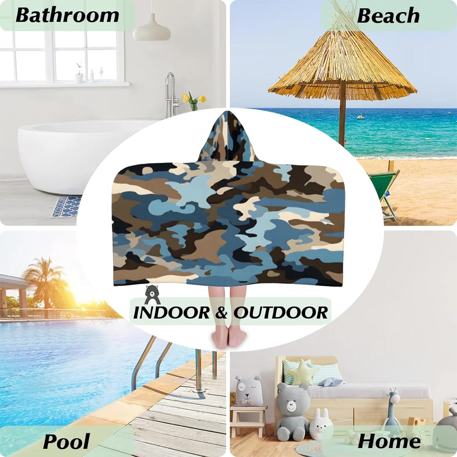 Camo Print Hooded Towels for Kids Absorbent Soft Pool Swim Beach Bath Towel for Boys Girls, 24 in x 50 in