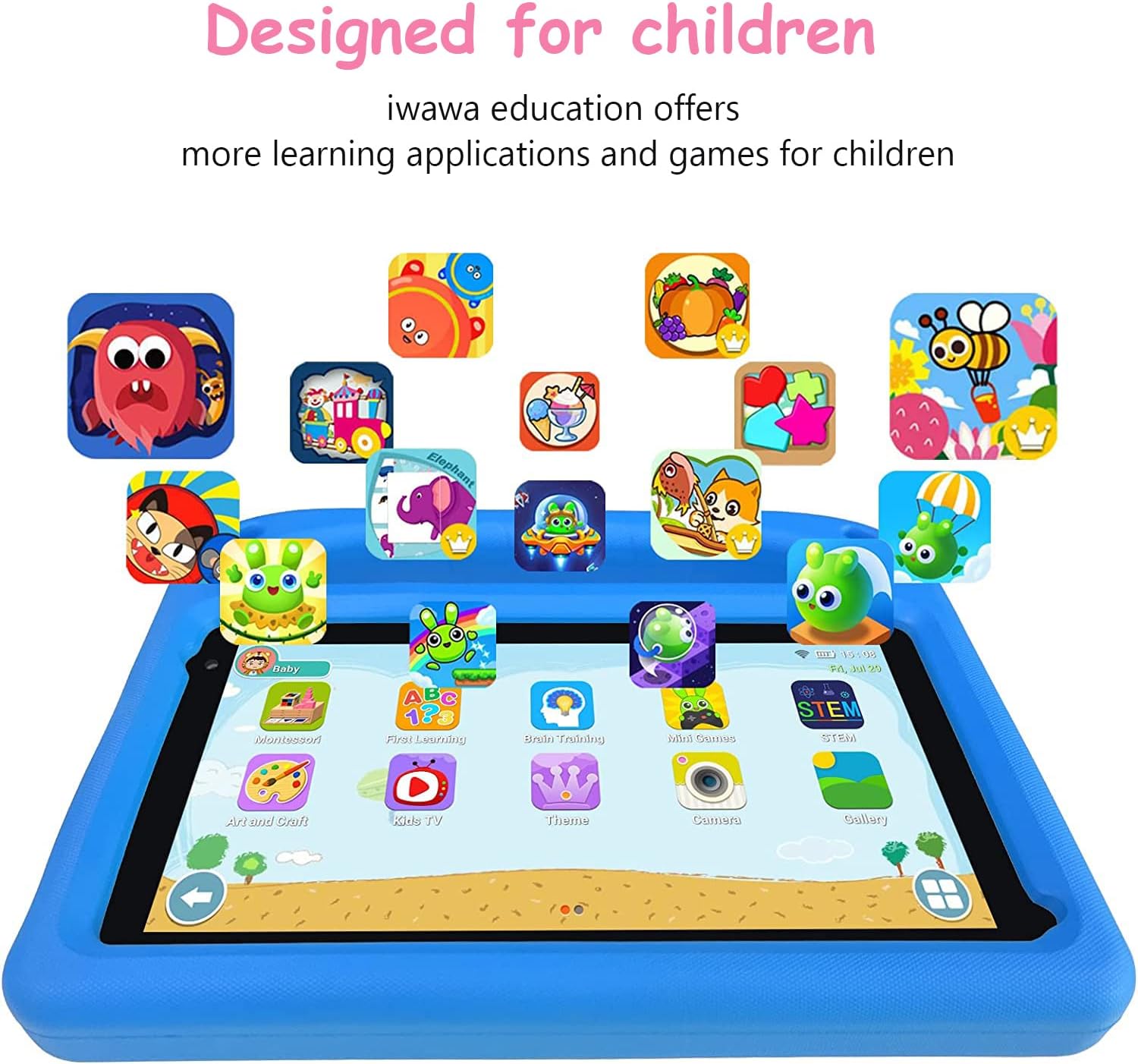 Screenshot of the GOODTEL Kids Tablet G7 screen displaying various colorful educational and game application icons, with text 'Designed for children' and 'iwawa education offers more learning applications and games for children'.