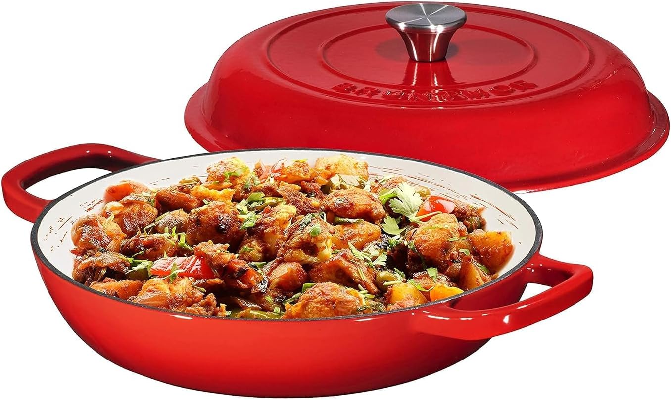 Bruntmor 3.8 Quart Dutch Oven Pot with Lid - Enameled Cast Iron Paella Pan - Ceramic Coated Cast Iron Braiser Pan for Baking, Braising, Roasting, Slow Cooking, and Stovetop Use - Gradient Red