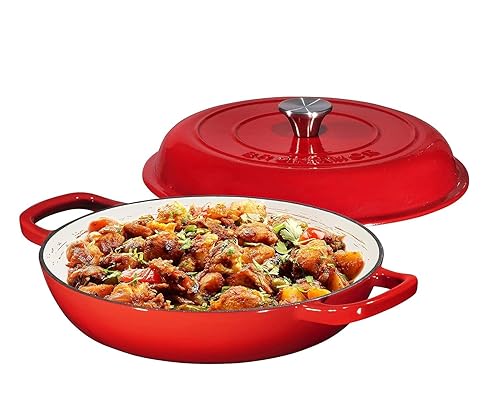 Bruntmor - Horno holandés tipo sartén skillet hierro fundido esmaltado, 3.8 cuartos de galón, asas y tapa utensilio cocina poco profundo, cocción
