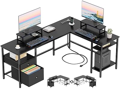 Furologee 66” L Shaped Desk with Power Outlet, Reversible Computer Gaming Desk with File Drawer & 2 Monitor Stands for Home Office with Storage Shelves, Rustic Brown