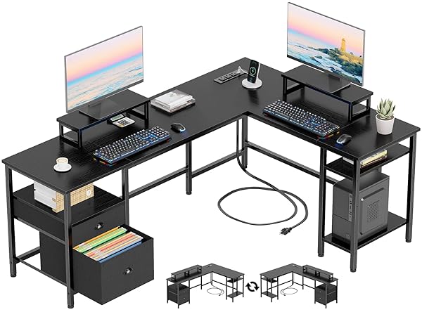 Furologee 66” L Shaped Desk with Power Outlet, Reversible Computer Gaming Desk with File Drawer & 2 Monitor Stands for Home Office with Storage Shelves, Rustic Brown