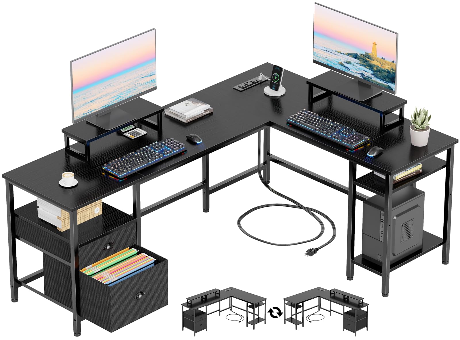 Furologee 66” L Shaped Desk with Power Outlet, Reversible Computer Gaming Desk with File Drawer & 2 Monitor Stands for Home Office with Storage Shelves, Black